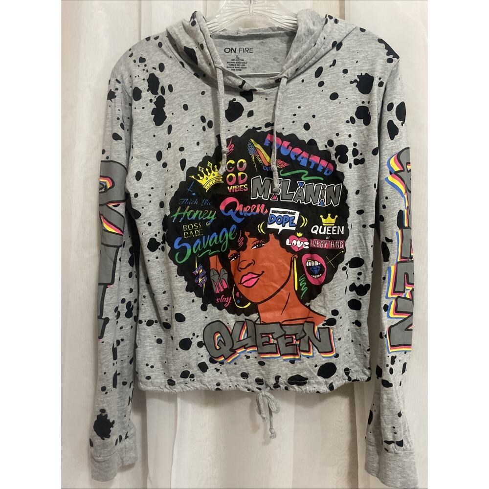 On Fire Gray Cropped Hoodie with Multicolor Afrocentric Queen Graphic